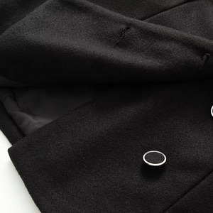 Detailed close-up of double-breasted buttons and wool-like texture on black coat