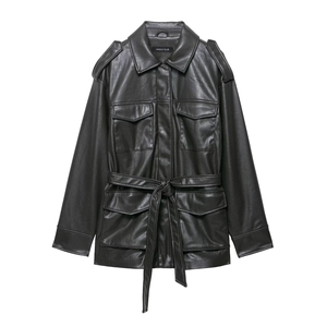 Women Black PU Leather Jacket Belted Mid-Length Outdoor Casual Coat Solid Color Long Sleeve Outwear With Flap Pockets
