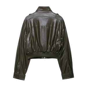 Rear view of olive green PU leather jacket featuring a stand collar and ribbed hem details