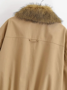 Detailed back view of khaki jacket with brown faux fur collar and horizontal stitching