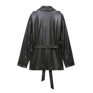 Back view of a black faux leather jacket featuring a lapel collar and matching waist belt