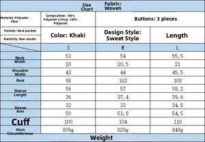 Size chart for women's khaki faux fur jacket detailing S, M, L dimensions and fabric info