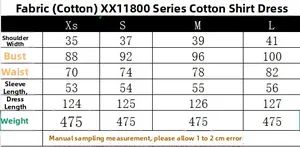 Size chart for poplin shirt dress listing shoulders, bust, waist, and length measurements