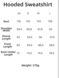 Size chart for women's hooded sweatshirt showing chest, shoulder, and length measurements