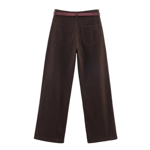 Pantaloni in denim marrone scuro a gamba larga con cintura viola motivo coccodrillo retro