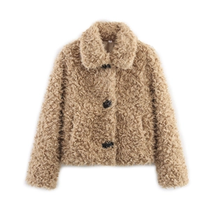 Women Fashion Khaki Faux Fur Teddy Jacket Thick Warm Lamb Wool Short Coat Single Breasted Lapel Outerwear Streetwear
