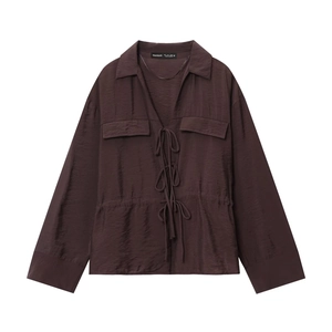 Women's Coffee Long Sleeve Satin Blouse Lapel Bow Tie Front Shirt With Flap Pockets Casual Loose Office Lady Top