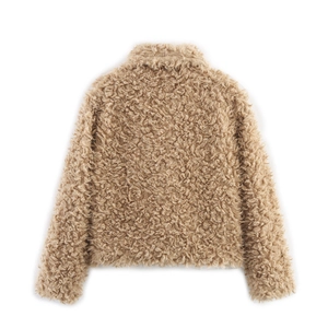 Back view of camel shearling fleece jacket with thick curly faux fur texture detail