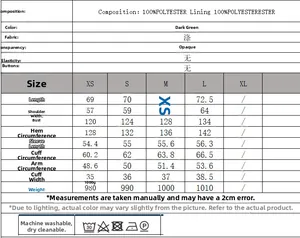 Detailed size chart for dark green faux suede trench coat with 100% polyester specifications