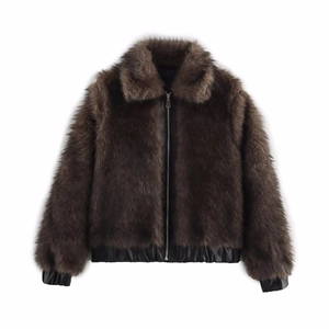 Veste en Fausse Fourrure pour Femme Marron Foncé Manteau en Peluche avec Garniture en Cuir PU et Fermeture Éclair
