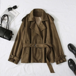 Women Fashion Faux Suede Trench Coat With Belt Lapel Epaulettes Single Breasted Long Sleeve Slim Fit Mid-Length Outwear Jacket