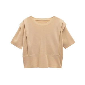 Women Round Neck Short Sleeve Knit Top With Shoulder Pads Elegant Khaki Solid Color Casual Streetwear Knitted Sweater