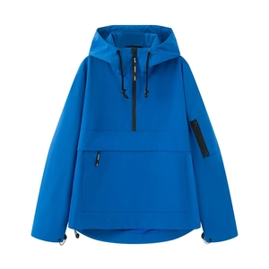 Royal blue hooded half-zip windbreaker jacket with front pocket and adjustable drawstring