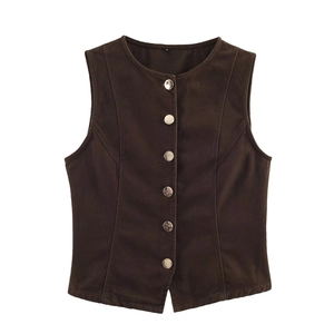 Gilet slim in velluto a coste marrone scuro con scollo rotondo e bottoni in metallo