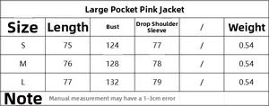 Size chart for women's drawstring jacket with detailed length and chest measurements