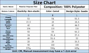 Detailed size chart for women's faux leather jacket with fabric specifications and measurements