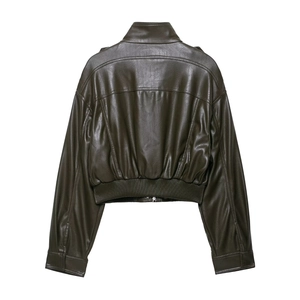 Women's short faux leather jacket in olive green with elastic hem and drop shoulder design