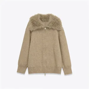 Women Elegant Fur Collar Knit Sweater Khaki Zipper Cardigan Loose Fit Warm Autumn Winter Knitted Jacket Top