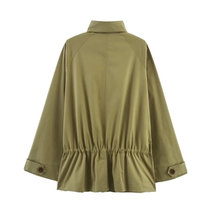 Detail view of khaki parka jacket back featuring adjustable elastic waist and raglan sleeves