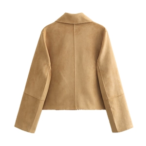 Detail view of the camel faux suede jacket back featuring lapel collar and center seam