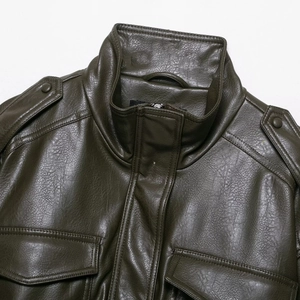 Olive green PU leather jacket with stand collar and textured finish for men