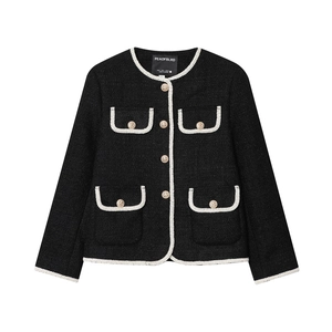 Veste courte en tweed noir pour femme avec bordures blanches et boutons dorés à plat