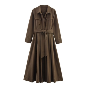 Fashionable dark brown long-sleeve shirtdress with collar, chest pockets, and waist belt