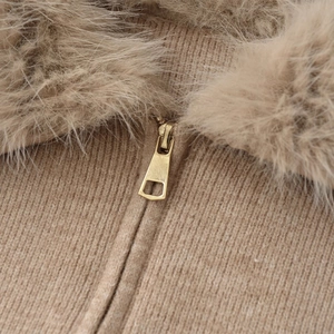 Women's khaki knit sweater with faux fur collar and gold metal zipper detail