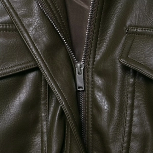Deep olive green PU leather jacket with high-quality zipper and breast pocket detail