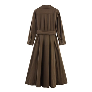 Chic dark brown long sleeve shirt dress with collar and waist belt for women