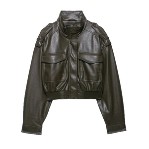 Olive green faux leather bomber jacket with stand collar and large flap pockets