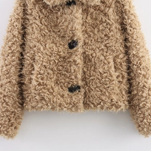 Women's camel sherpa teddy jacket with front black buttons for autumn and winter fashion