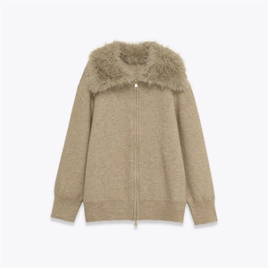 Beige knit pullover sweater with fluffy faux fur collar and half-zip front detail