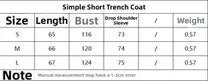 Size guide for women short trench coat showing bust and length measurements in cm