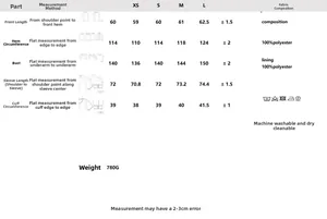 Detailed size chart for women's hooded cape jacket with measurements and fabric composition