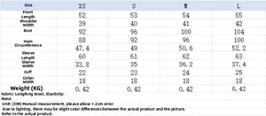 Detailed size chart for women jacket including bust and shoulder measurements in CM