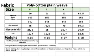 Tableau des tailles détaillé pour chemise en popeline avec mesures de poitrine