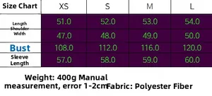 Detailed size chart for women puffer jacket including chest and sleeve measurements
