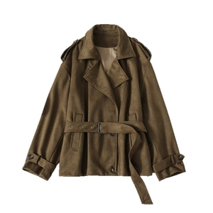 Women's faux suede double-breasted short trench coat with belt in coffee brown