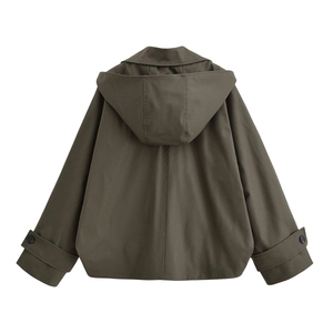 Detail of olive green hooded jacket showing drop shoulder design and adjustable cuffs