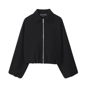 Women's black cropped zip-up jacket with lapel collar and elastic ruffled hem