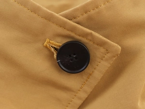 Detailed close-up of high-quality black buttons and double stitching on khaki trench coat