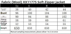 Detailed size chart for soft zip jacket showing measurements for XS S M L in centimeters
