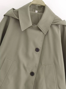 Close-up detail of olive green hooded windbreaker jacket featuring buttons and square pockets