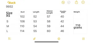 Tableau des tailles pour veste en tricot à double boutonnage avec mesures précises
