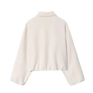 Back view of a cream puffer jacket featuring a turn-down collar and drop shoulder design