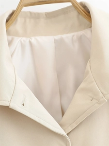 Detailed close-up of the beige trench coat collar and smooth silk-like inner lining