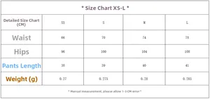 Detailed size chart for women's high-waisted shorts with measurements from XS to L