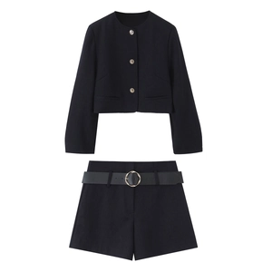Women's Chic Black Short Blazer Jacket With Gold Buttons Long Sleeve Top High Waist Shorts With Ring Belt Bottom Outfit