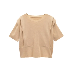 Short sleeve knit top with shoulder pads and a crew neck in beige color for women
